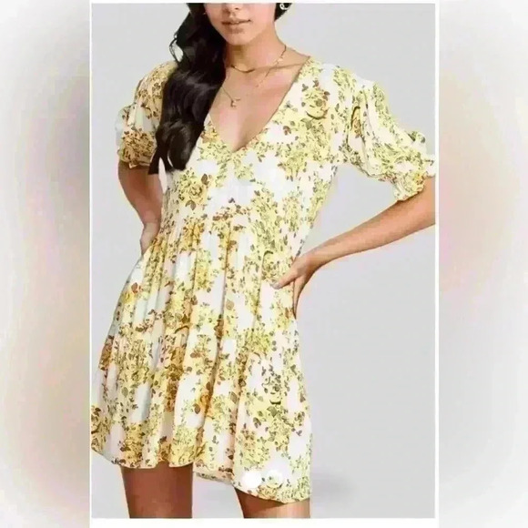 Faithfull Anina Goldie V-neck Floral Gold Yellow White Lined Mini Dress  size M - Picture 2 of 11